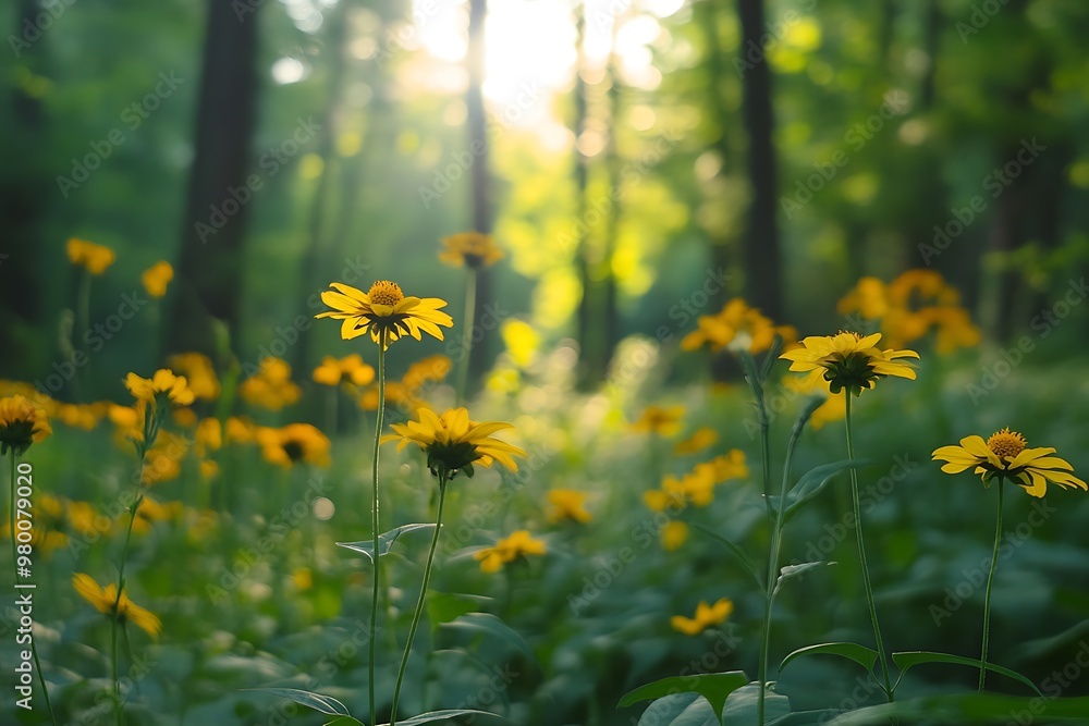 Sun shining through forest canopy illuminating wildflowers on forest floor Sun shining through forest canopy illuminating wildflowers on forest floor
