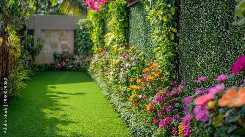 Naklejka premium Beautifully manicured plant fence with lush greenery and colorful blooms, creating a natural enclosure in a picturesque outdoor setting
