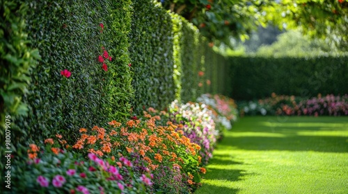 Beautifully manicured plant fence with lush greenery and colorful blooms, creating a natural enclosure in a picturesque outdoor setting