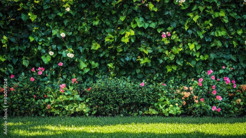 Gorgeous plant fence made from flowering vines and dense green foliage, creating a natural and elegant border in a sunny garden