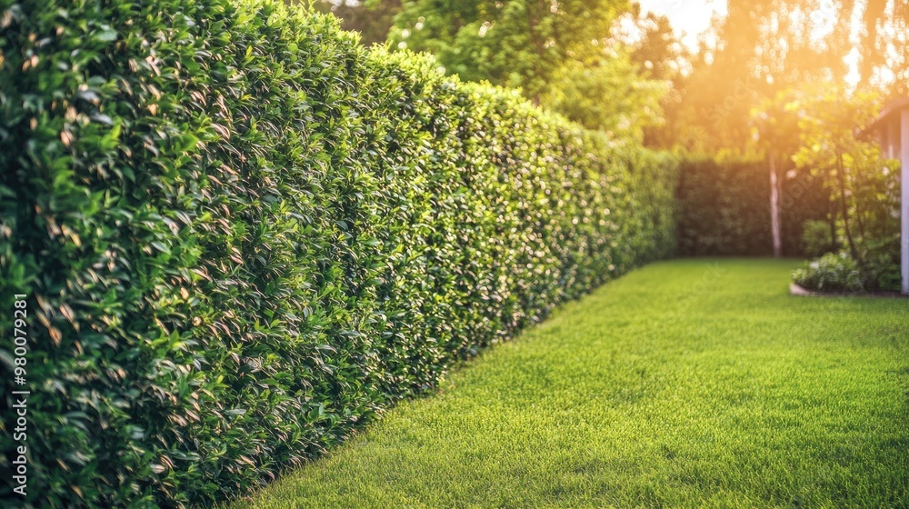 Obraz premium Stunning green plant fence made of tall hedges, providing a beautiful natural barrier in a well-manicured backyard with a realistic landscape
