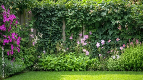 Gorgeous plant fence made from flowering vines and dense green foliage, creating a natural and elegant border in a sunny garden