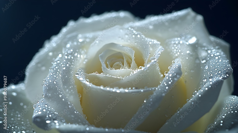 Fototapeta premium Close-up of a white rose with water droplets on the petals, isolated on a dark backgroundThe soft lighting and pure white color create an elegant and romantic image, ideal for wedding