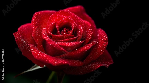 Close-up of a white rose with water droplets on the petals, isolated on a dark backgroundThe soft lighting and pure white color create an elegant and romantic image, ideal for wedding