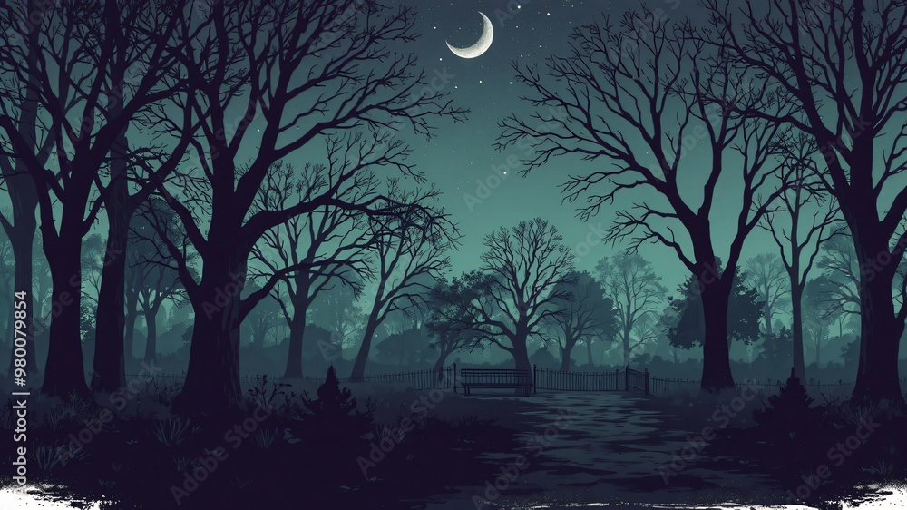 Fototapeta premium dark park minimalist illustration eerie scary background