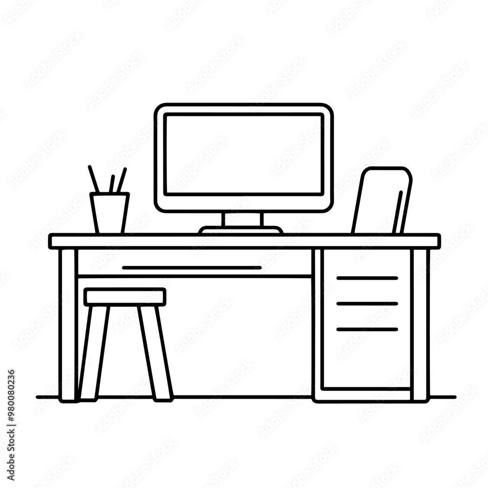 Sleek desktop with computer outline icon in vector format for workstation designs. Sleek desktop with computer outline icon in vector format for workstation designs.