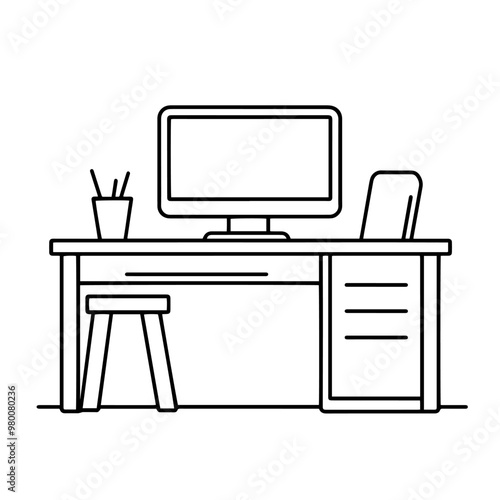 Sleek desktop with computer outline icon in vector format for workstation designs.