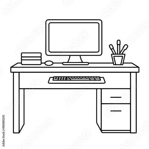 Sleek desktop with computer outline icon in vector format for workstation designs.