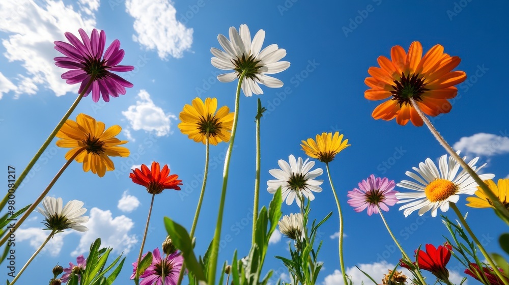 Vibrant wildflowers in a sunny meadow, colors contrasting with green grass Vibrant wildflowers in a sunny meadow, colors contrasting with green grass