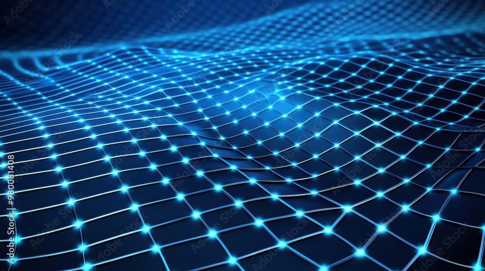 Naklejka premium Abstract blue digital network pattern with glowing nodes and lines, creating a wave-like effect. Perfect for tech and innovation themes.