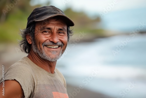 Smiling Latin fisherman on the beach portrait photo