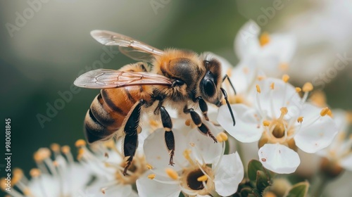 Bee in Action: Close-Up on Pollinating Flowers to Highlight the Crucial Importance of Biodiversity and Ecosystem Conservation