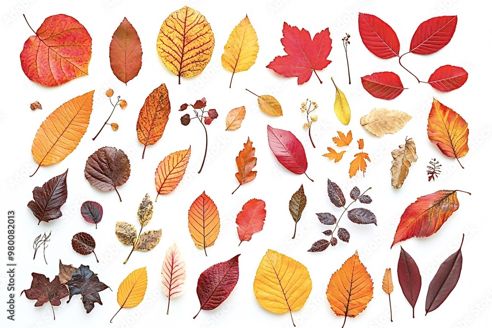 Obraz premium Variety of colorful autumn leaves in red, orange and yellow are lying flat on a white background, forming a beautiful display of fall colors