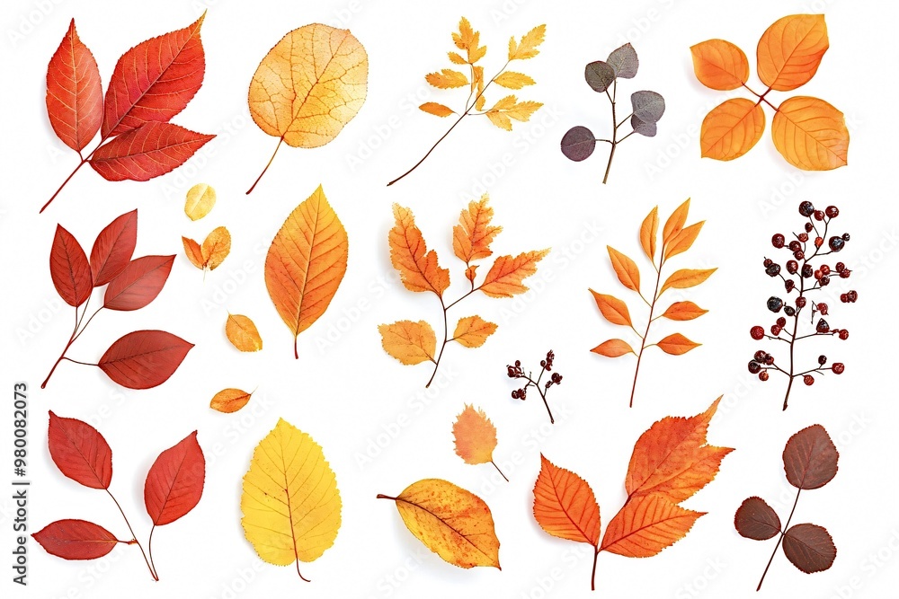 Obraz premium Variety of colorful autumn leaves and berries are arranged on a white background, creating a vibrant and festive fall-themed image