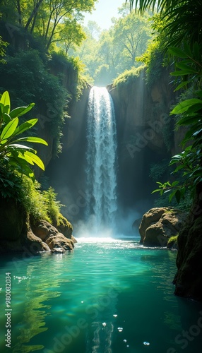 Beautiful tropical waterfall in lush green forest with clear water phone wallpaper