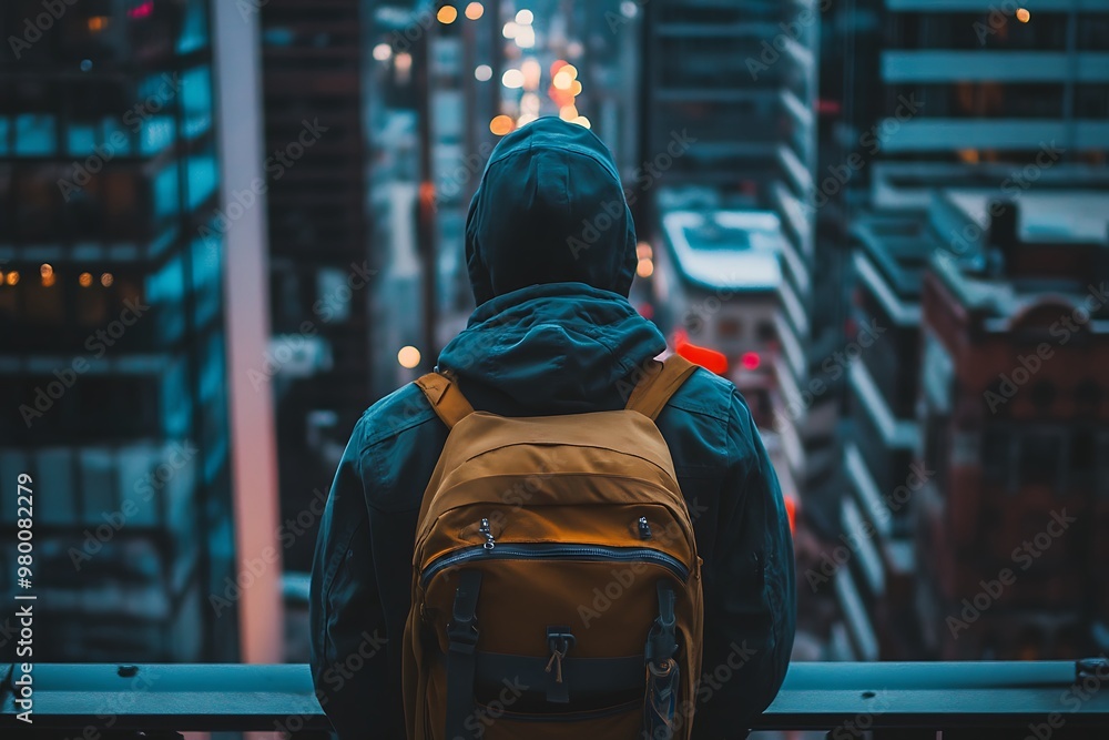 Young man with backpack looking at city lights from a rooftop Young man with backpack looking at city lights from a rooftop