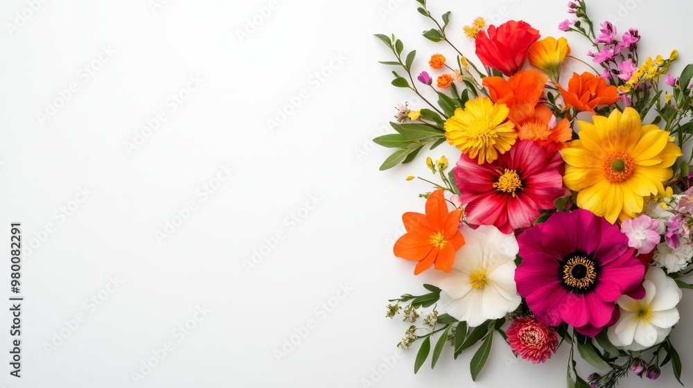 Brightly colored spring flowers in a circular arrangement on solid white background, single object Brightly colored spring flowers in a circular arrangement on solid white background, single object
