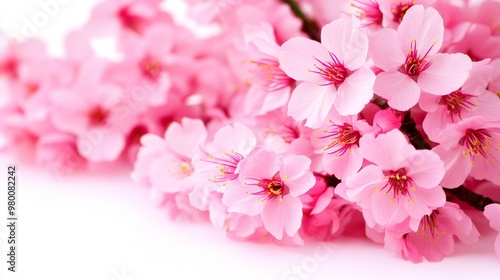 Cherry blossoms close-up on white background, soft-focus, delicate pink petals, high detail, isolated object, perfect for nature-inspired themes.