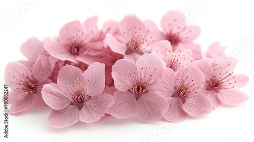 Cherry blossoms in soft-focus close-up on a white background, detailed pink petals, single object, perfect for spring or nature-themed designs.