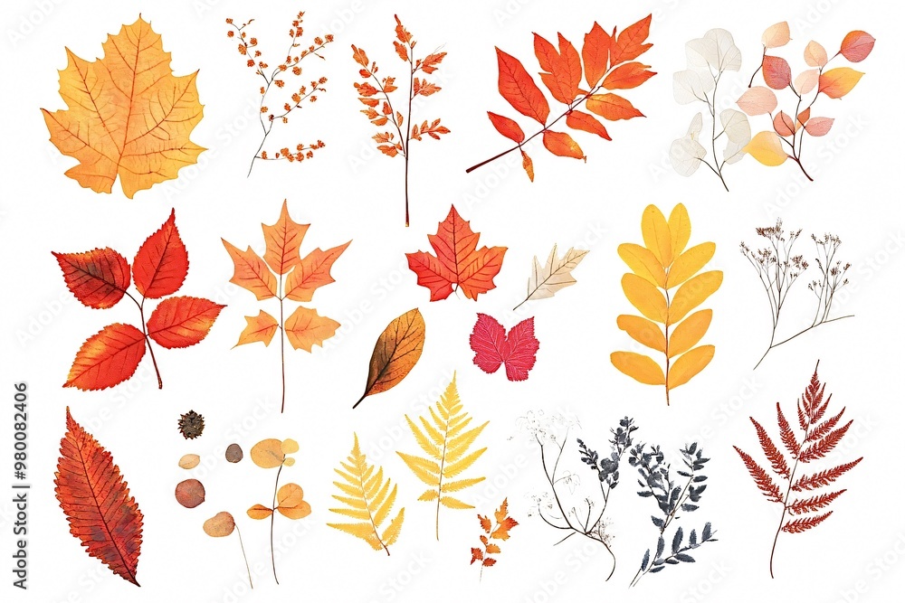 Variety of colorful autumn leaves and plants are arranged on a white background, creating a visually appealing design element Variety of colorful autumn leaves and plants are arranged on a white background, creating a visually appealing design element
