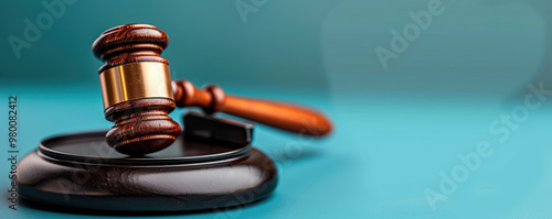 A wooden gavel placed on a black base with a blue background, representing legal authority, decisions, and judicial processes. photo