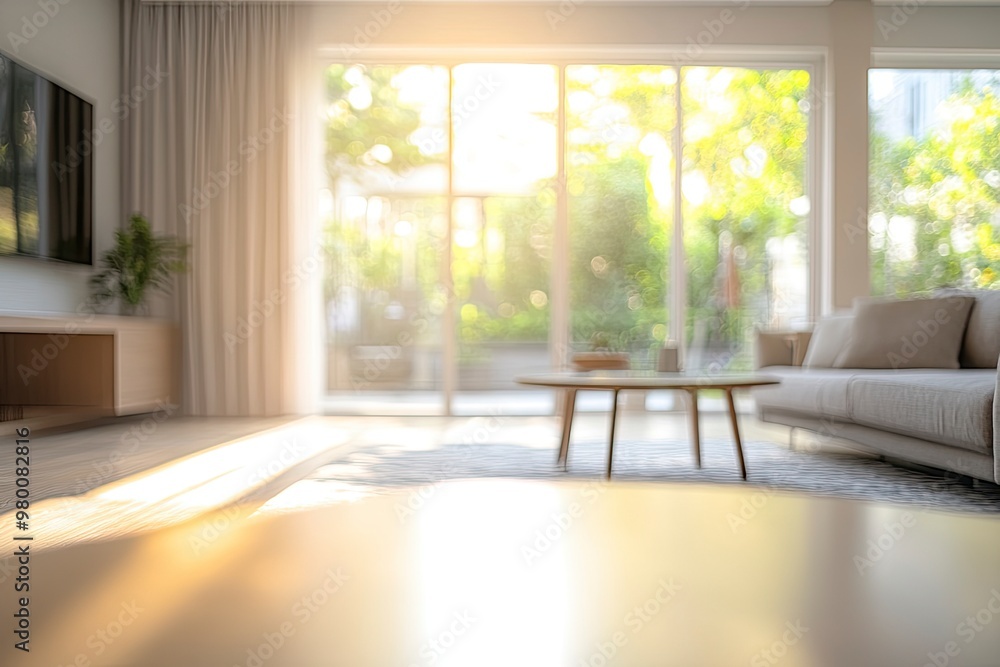 Obraz premium Blur living room at home with morning sunlight at big window for background usage. blur interior background concept. white, britht tone , ai