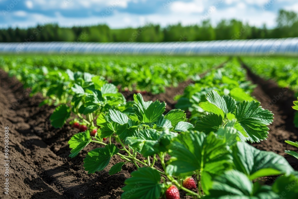 Strawberry greenhouse in Karelia with planted rows Strawberry greenhouse in Karelia with planted rows