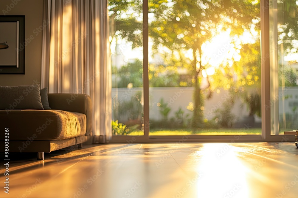 Fototapeta premium Blur living room at home with morning sunlight at big window for background usage. blur interior background concept. white, britht tone , ai