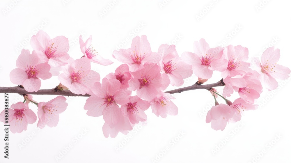 Soft pink cherry blossoms on a branch, vibrant blue sky, on solid white background, single object Soft pink cherry blossoms on a branch, vibrant blue sky, on solid white background, single object
