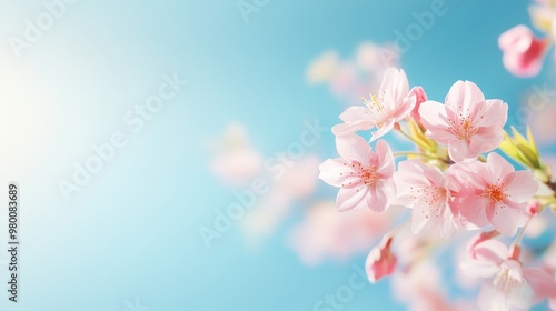 Soft pink cherry blossoms on a branch, vibrant blue sky, on solid white background, single object