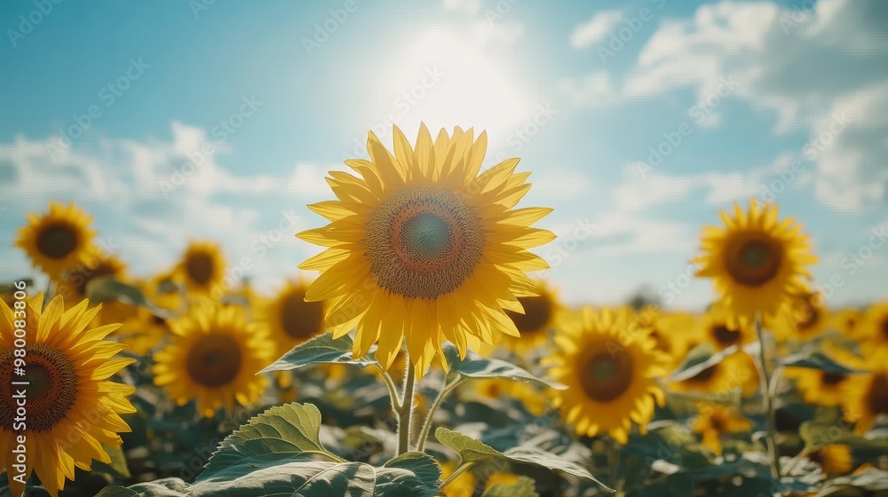 Sunflower field in wide-angle shot, tall yellow flowers and blue sky, on solid white background, single object Sunflower field in wide-angle shot, tall yellow flowers and blue sky, on solid white background, single object