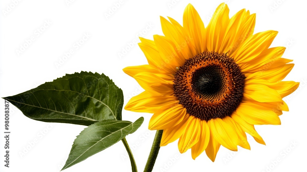 Sunflower with vibrant yellow petals and green leaves, isolated on a plain white background, perfect for nature-themed compositions. Sunflower with vibrant yellow petals and green leaves, isolated on a plain white background, perfect for nature-themed compositions.