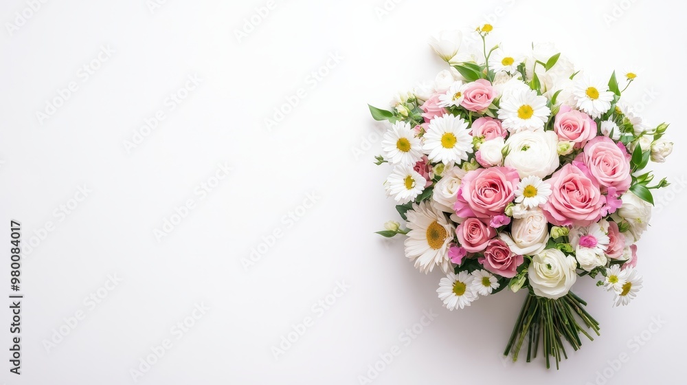 Top view of a mixed bouquet of roses, lilies, and daisies arranged in a circular pattern on a light wooden background, vivid colors, flat lay, botanical illustration, watercolor texture Top view of a mixed bouquet of roses, lilies, and daisies arranged in a circular pattern on a light wooden background, vivid colors, flat lay, botanical illustration, watercolor texture
