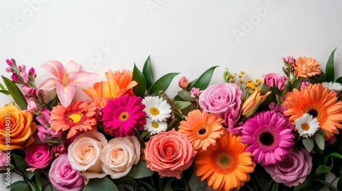 Top view of a mixed bouquet of roses, lilies, and daisies arranged in a circular pattern on a light wooden background, vivid colors, flat lay, botanical illustration, watercolor texture