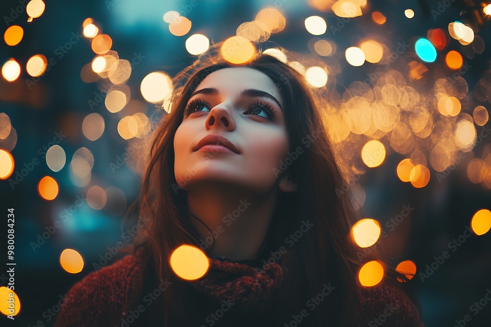 Hopeful woman gazing at bokeh lights, dreamy and inspirational portrait Hopeful woman gazing at bokeh lights, dreamy and inspirational portrait
