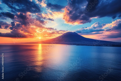 Fototapeta Naklejka Na Ścianę i Meble -  Stunning view of Mount Vesuvius from Naples featuring a blue sea impressive mountains and a captivating cloudy sunset