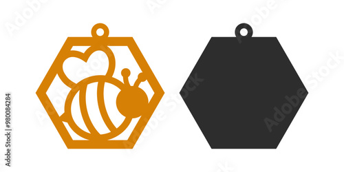 Bee design with for earrings, pendant or keychain with hexagon shape. Jewelry silhouette laser cut template. Cnc cutting with metal, wood or leather