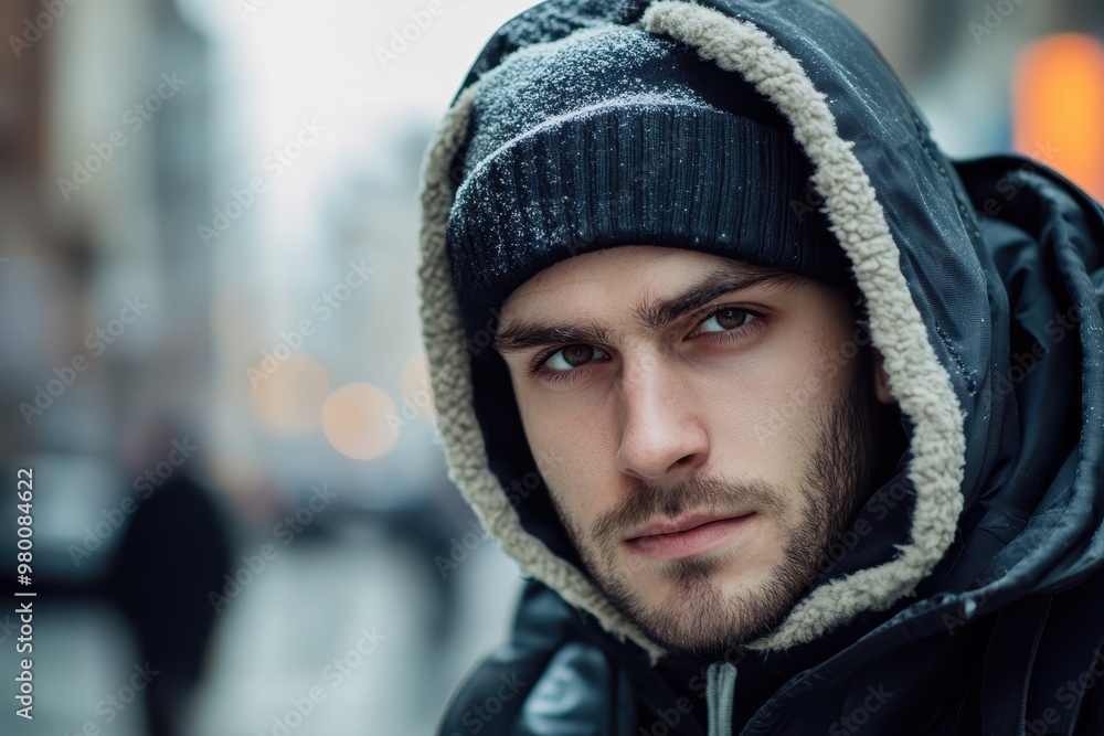 Stylishly attractive young man in a black cap and winter jacket on the street Stylishly attractive young man in a black cap and winter jacket on the street