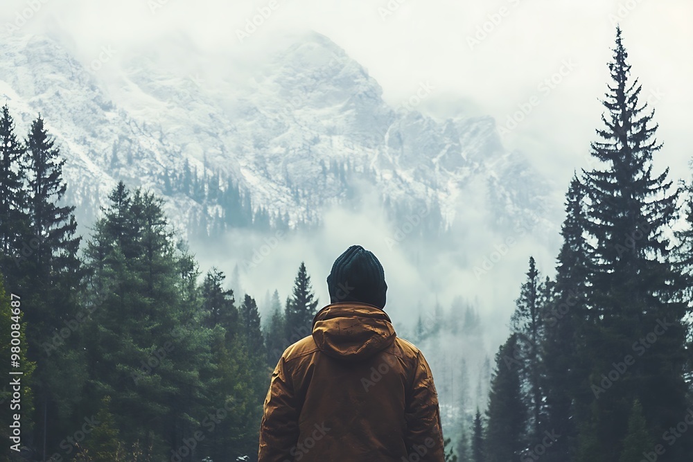 Man standing in a snowy mountain forest with fog, looking at the landscape. Concept of adventure, nature, travel, and wanderlust. Man standing in a snowy mountain forest with fog, looking at the landscape. Concept of adventure, nature, travel, and wanderlust.