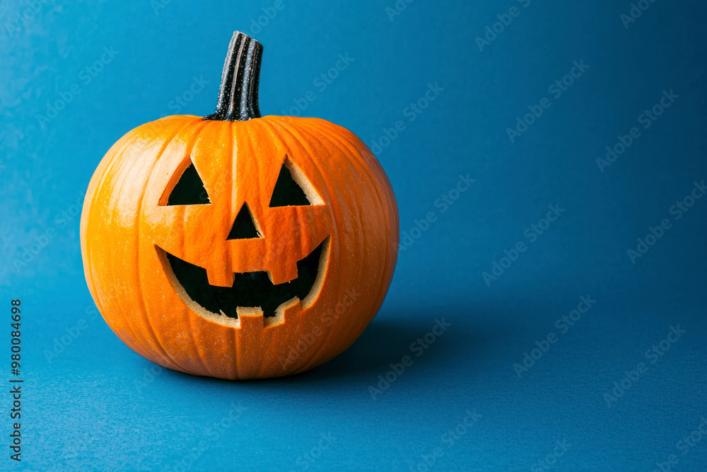 Beautiful jack o lantern pumpkin on a blue background. Space for text. Beautiful jack o lantern pumpkin on a blue background. Space for text.