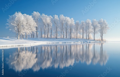 Winter Wonderland with Frosty Trees Reflecting on the Calm Lake