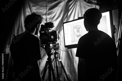 Subtle silhouette lighting in a video production as the crew prepares the camera and set awaiting the director s approval on the monitor