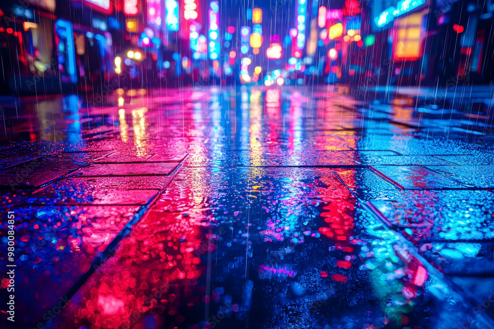 Obraz premium A striking visual of neon lights in various colors reflecting off wet pavement at night. Concept of urban nightlife and color.