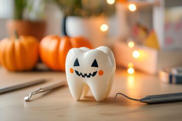 Dental concept. tooth figurine in halloween costume and dental tools.