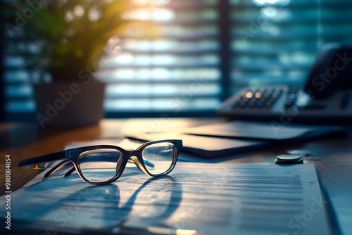 Closeup of eyeglasses on desk with documents, phone, and office supplies in the background. Concept of business, work, and office life