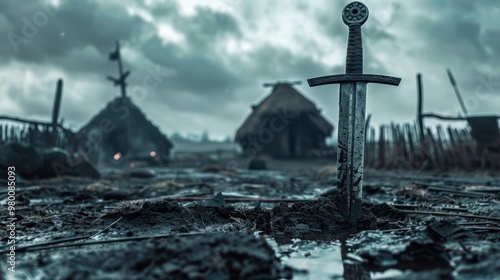 Viking sword buried in the mud with a Viking village in the background photo