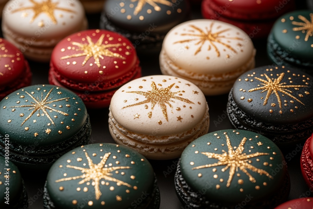 Christmas macarons pattern of red, green, and white macarons with gold leaf designs on each cookie on a dark background Christmas macarons pattern of red, green, and white macarons with gold leaf designs on each cookie on a dark background