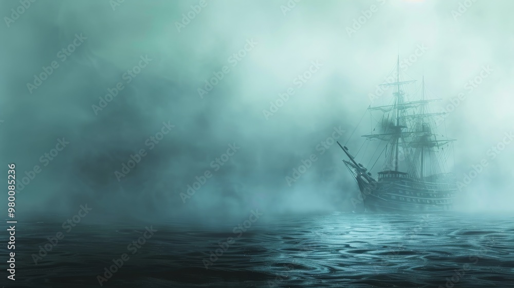 Phantom Ghost Ship Navigating the Misty, Haunted Waters of a Dark Ocean in a Paranormal Voyage