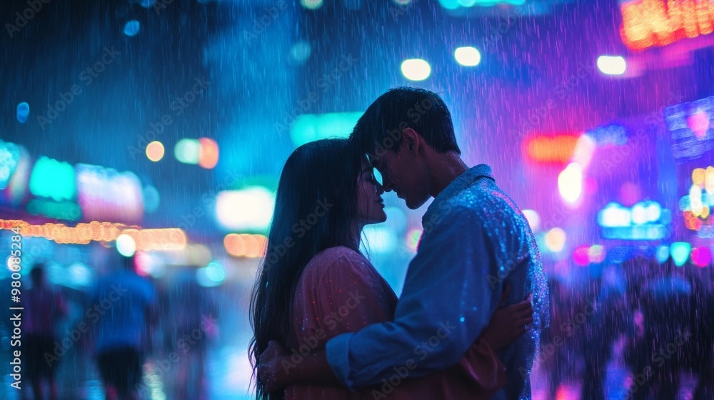 Couple in Rain at Music Festival, two lovers sharing a warm embrace under a colorful display of neon lights, gentle raindrops creating a dreamy atmosphere around them