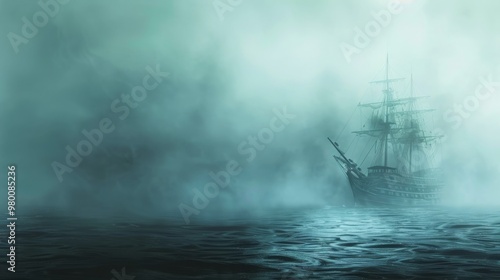 Phantom Ghost Ship Navigating the Misty, Haunted Waters of a Dark Ocean in a Paranormal Voyage